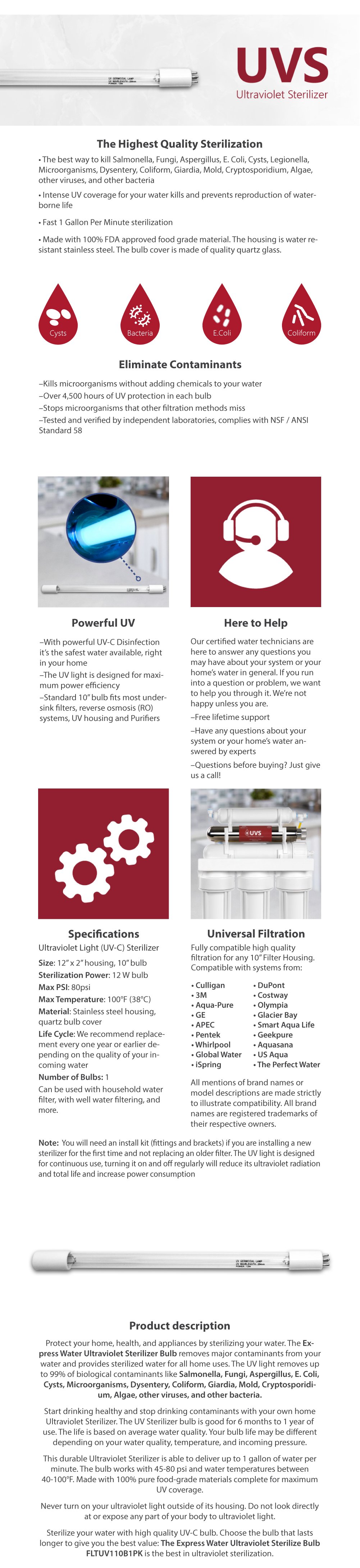 Express Water Ultraviolet Bulb for Water Filtration UV Light Bulb 10 in